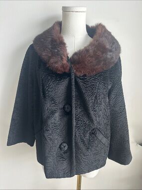 Vtg Persian Lamb Fur Jacket Mink Collar Black Women L Coat Old Money Mob Wife